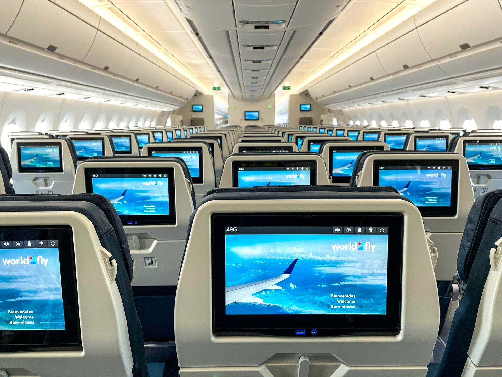 pantallas individuales en interior del avión world2fly