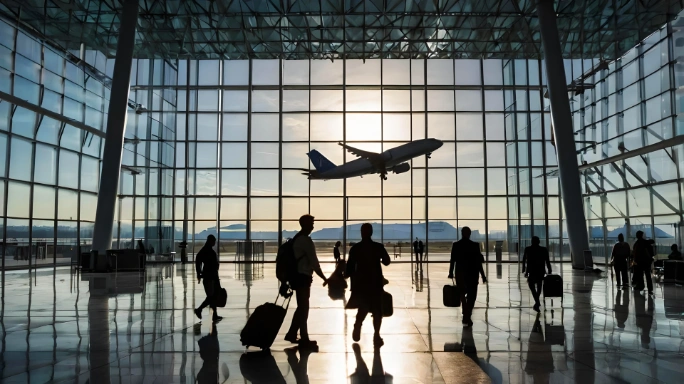 Nueva normativa sobre derechos de los pasajeros en la UE: siluetas de viajeros con equipaje en la terminal mientras un avión despega al atardecer