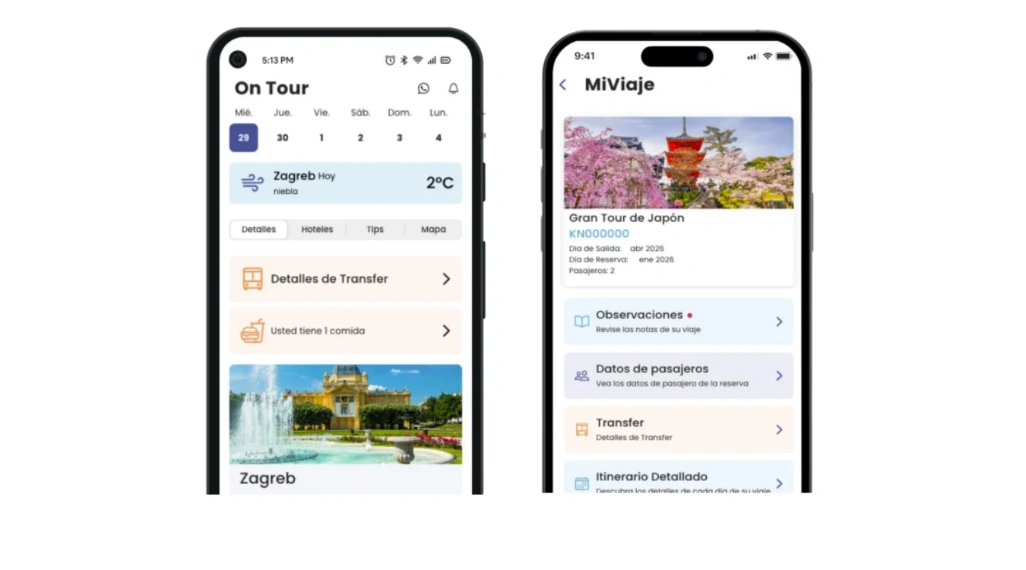 Interfaz móvil de la app Kannak con información del viaje, observaciones, pasajeros y detalles de traslado Interfaz móvil de la app Kannak con información del viaje, observaciones, pasajeros y detalles de traslado