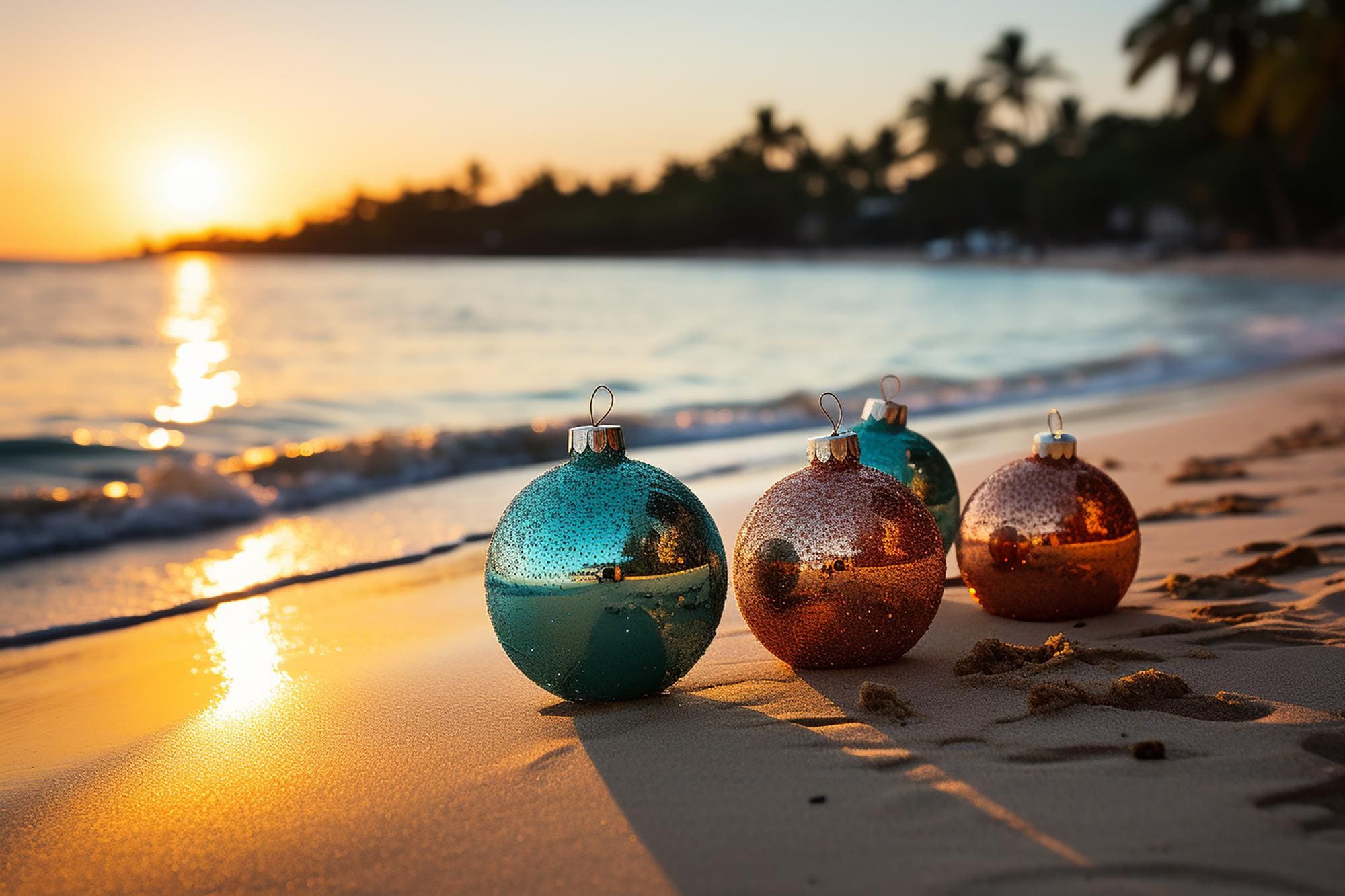 playa con palmeras y bolas de decoración de navidad
