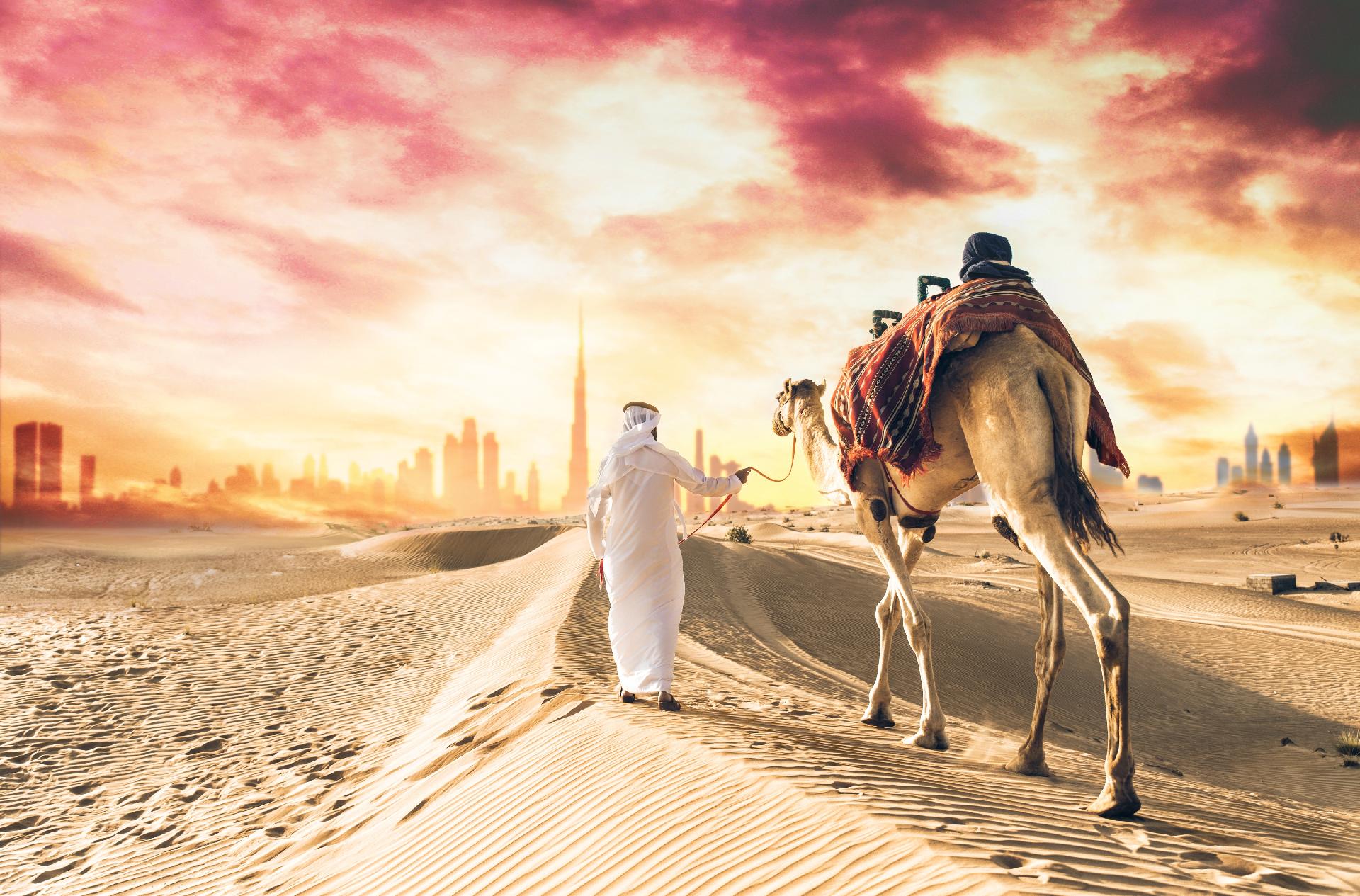 Hombre con ropa tradicional, sacando un camello en la arena del desierto, en Dubai