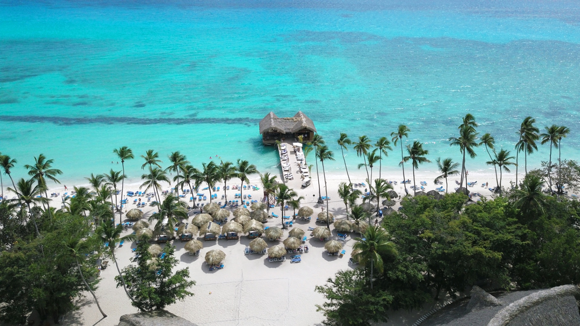 Vista aérea de playa de Punta Cana con palmeras y embarcadero